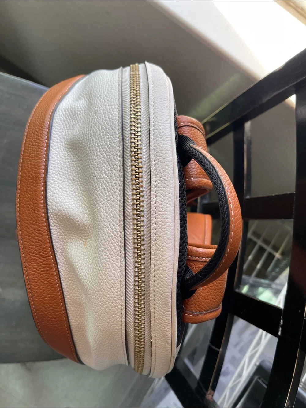 Coach Brown Monogram Backpack with Cream Front Pocket and Tan Trim